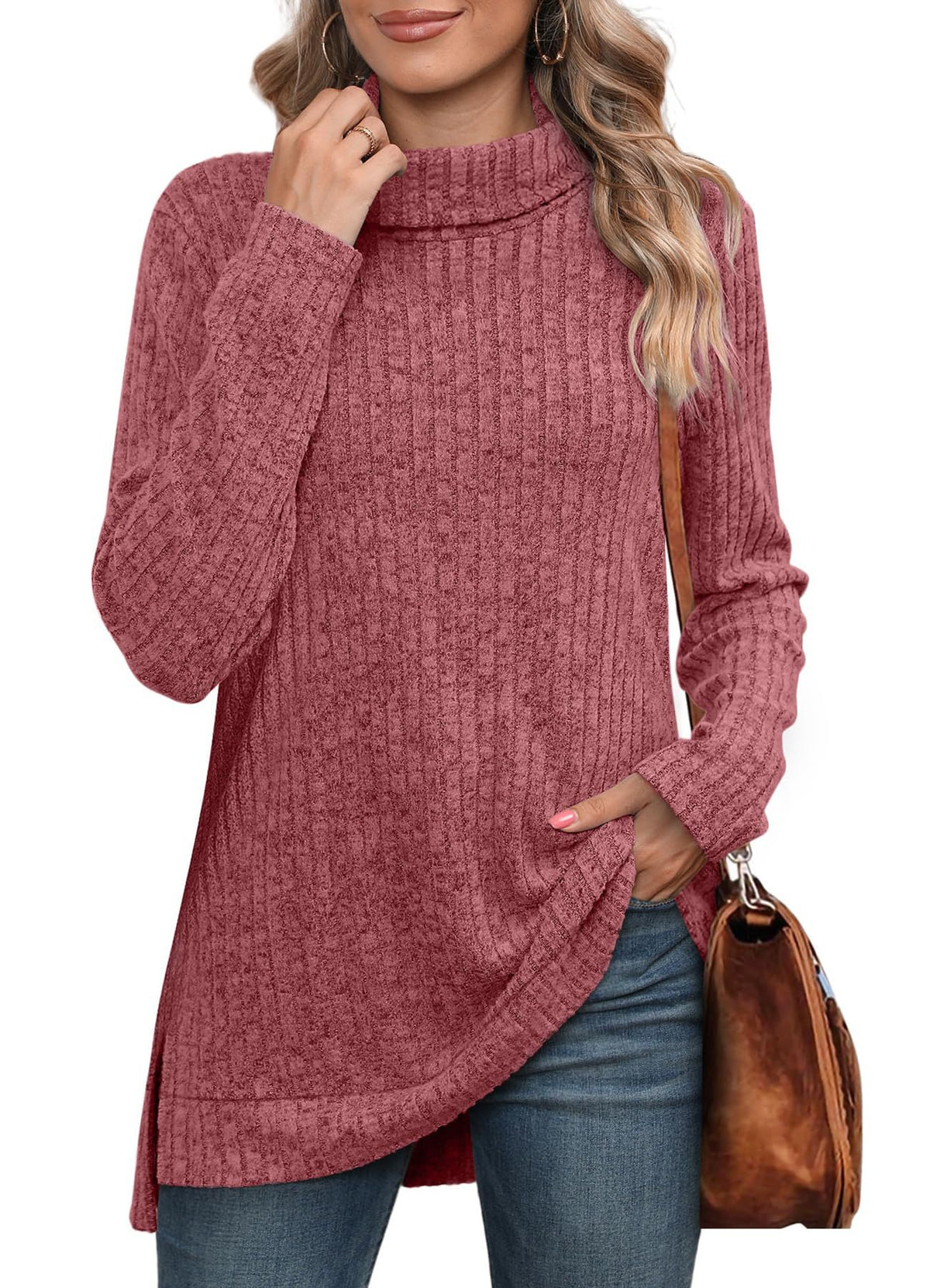 Women's Oversized Cowl Neck Long Sleeve Side Slit Tunic Top