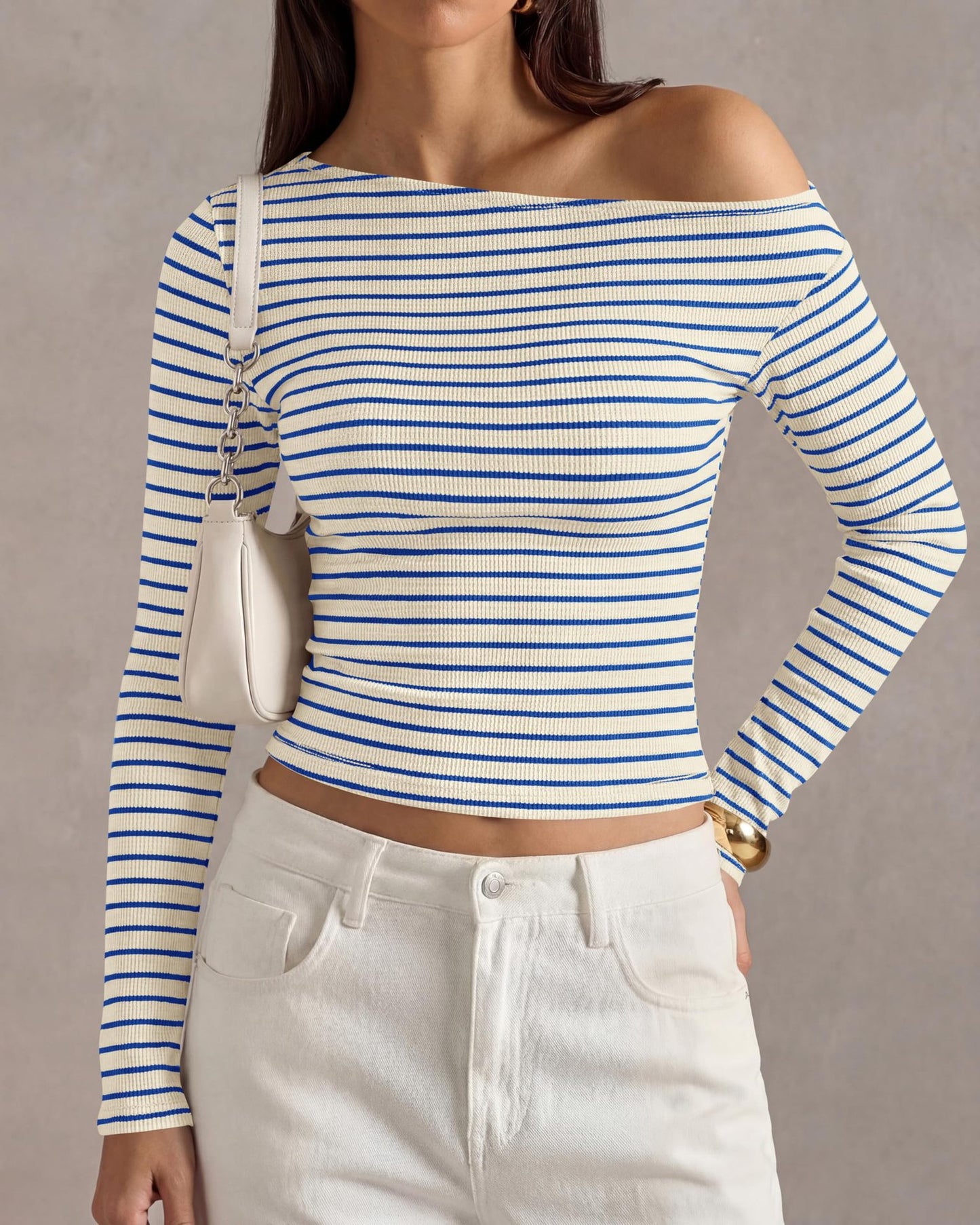 Off Shoulder Striped Long Sleeve Ribbed Knit Top Women