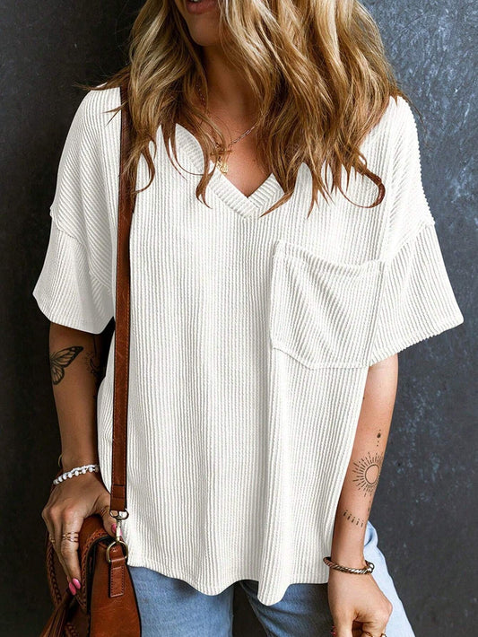Women’s Ribbed V Neck Short Sleeve Pocket Tee