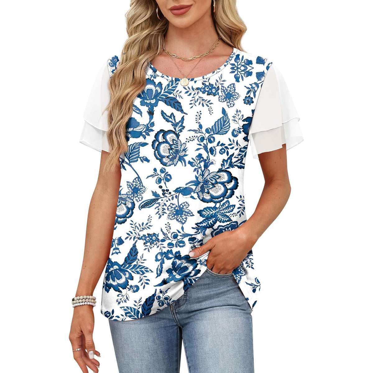 Women's Paisley Color Block Layered Sleeve Casual T-Shirt