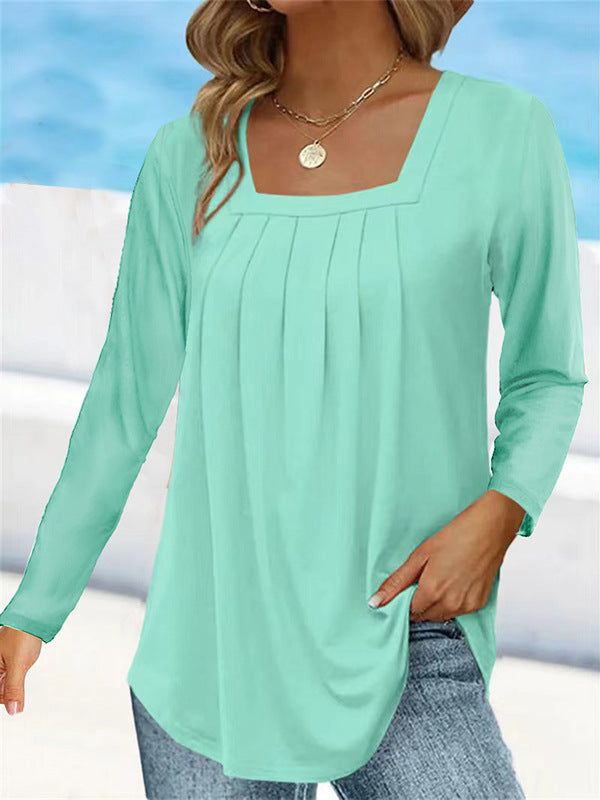 Women's Square Neck Pleated Long Sleeve Tunic Top