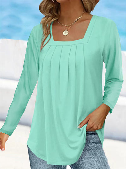 Women's Square Neck Pleated Long Sleeve Tunic Top