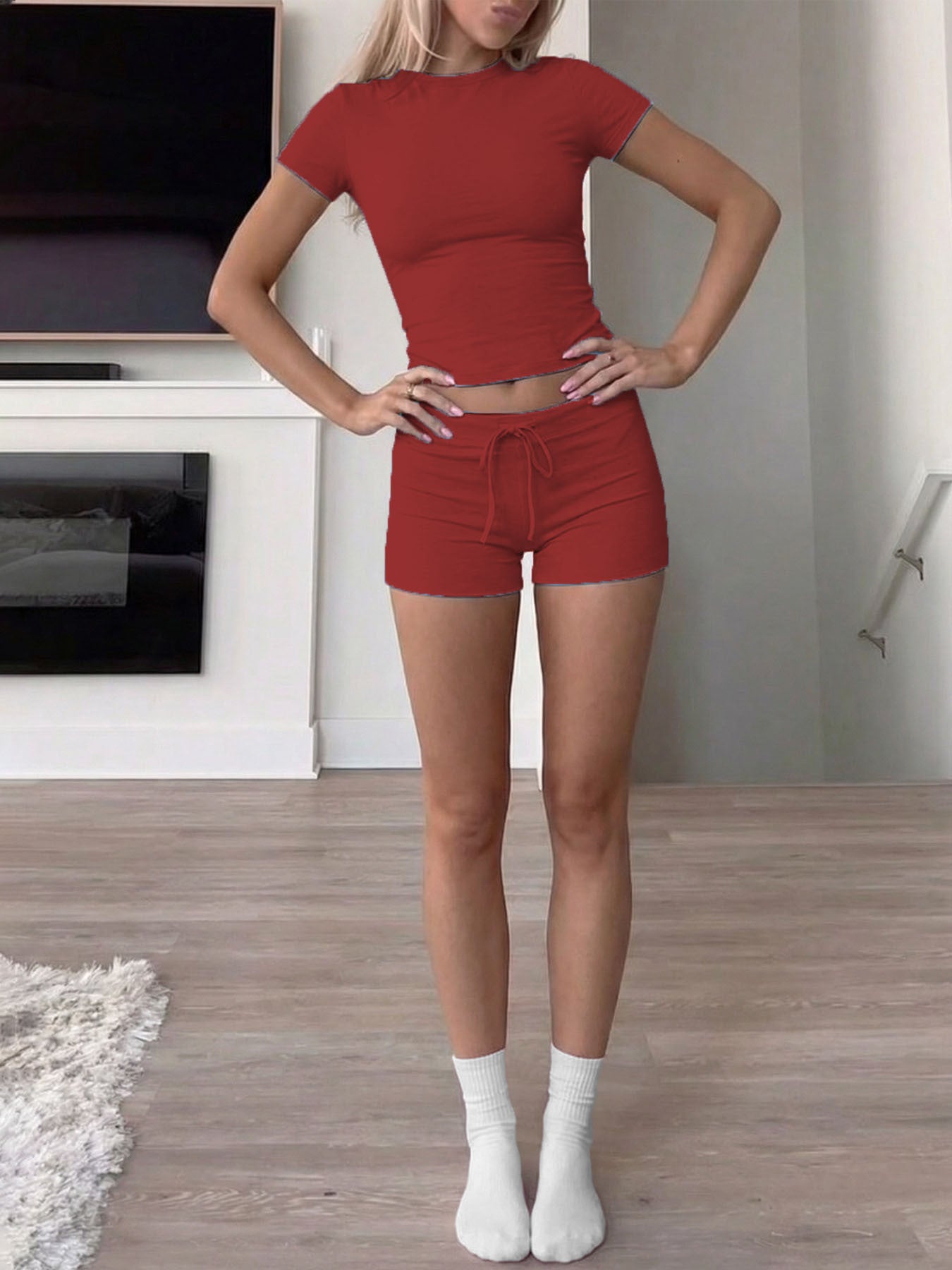 Solid Spandex T-Shirt & Shorts Set Casual Teen Summer Outfit