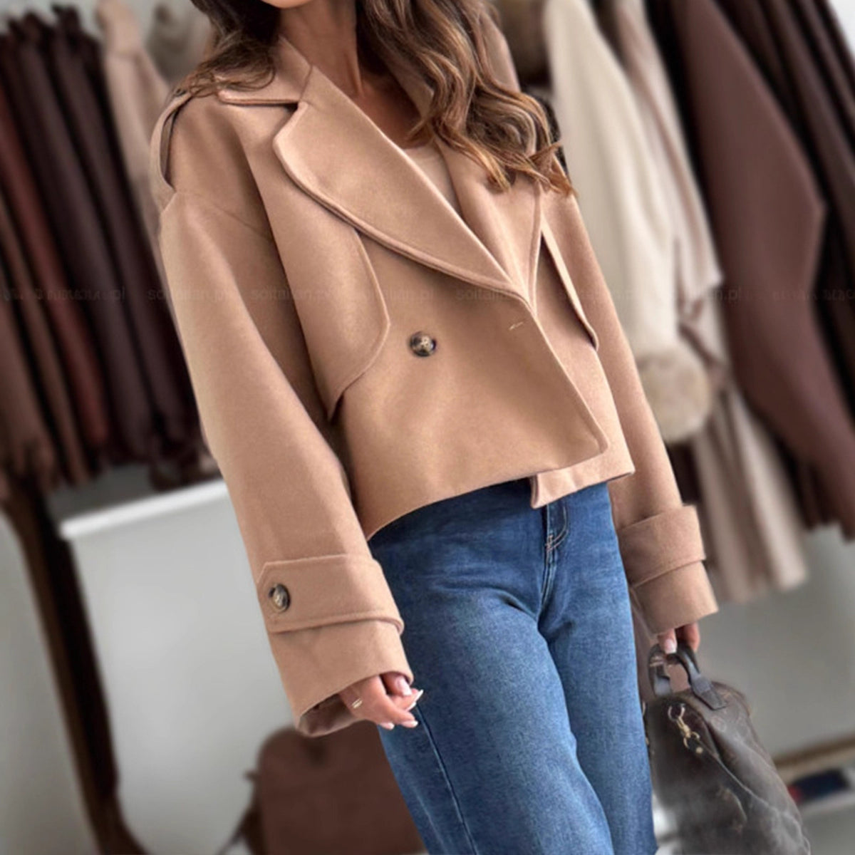 Women's Cropped Lapel Jacket Oversized Woven Coat