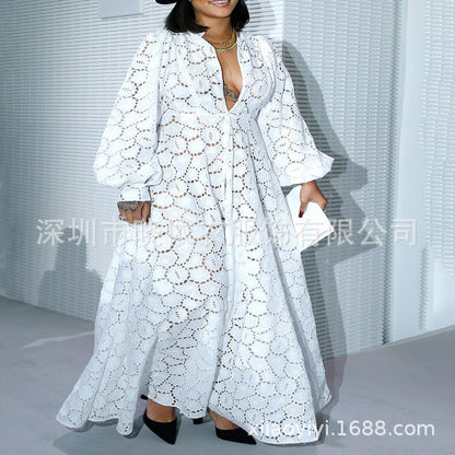 Plus Size White Lace Maxi Dress Long Sleeve V Neck Floral