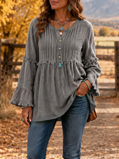 Women's Boho Ruffle V Neck Button Bell Sleeve Tunic Top