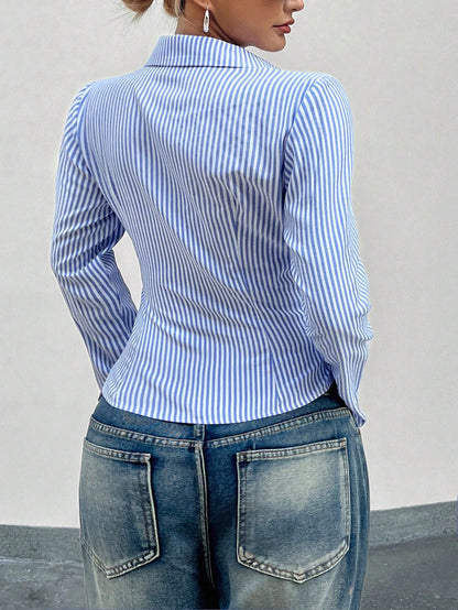 Striped V Neck Button Down Fitted Shirt Blouse for Women