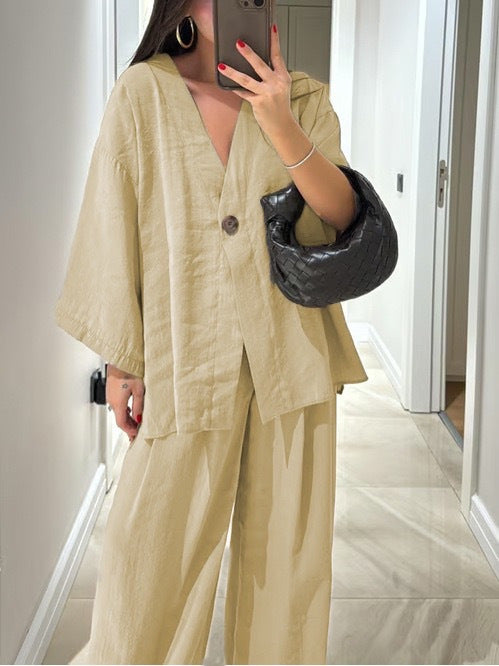 Oversized V-Neck Button Top & Wide Leg Pants Matching Set