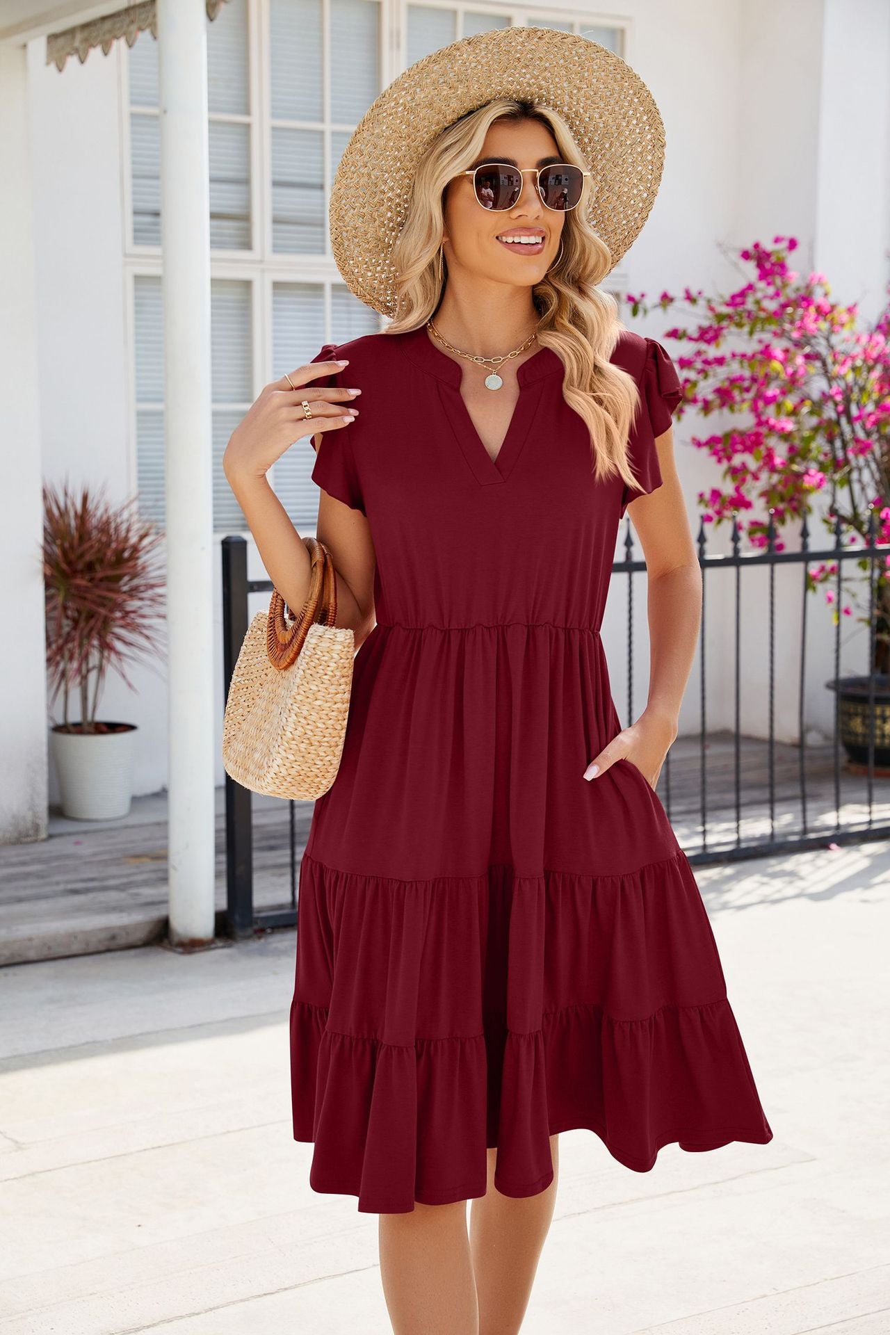 V-Neck Waist-Defined Short Sleeve Colorblock Dress