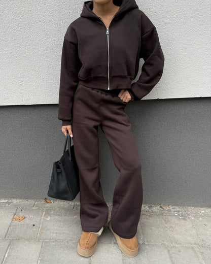 Women's 2 Piece Cropped Zip Hoodie Wide Leg Sweatpants Set