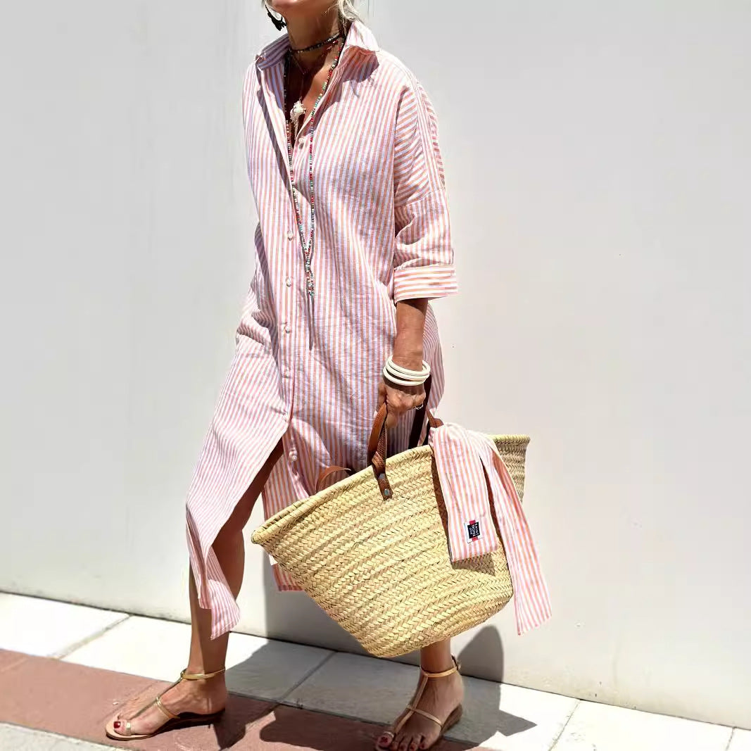 Striped Button Down Shirt Dress Half Sleeve Midi Tie Waist