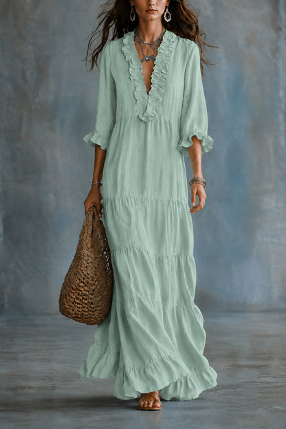 Women's Boho Tiered Ruffle Maxi Dress V-Neck 3/4 Sleeve