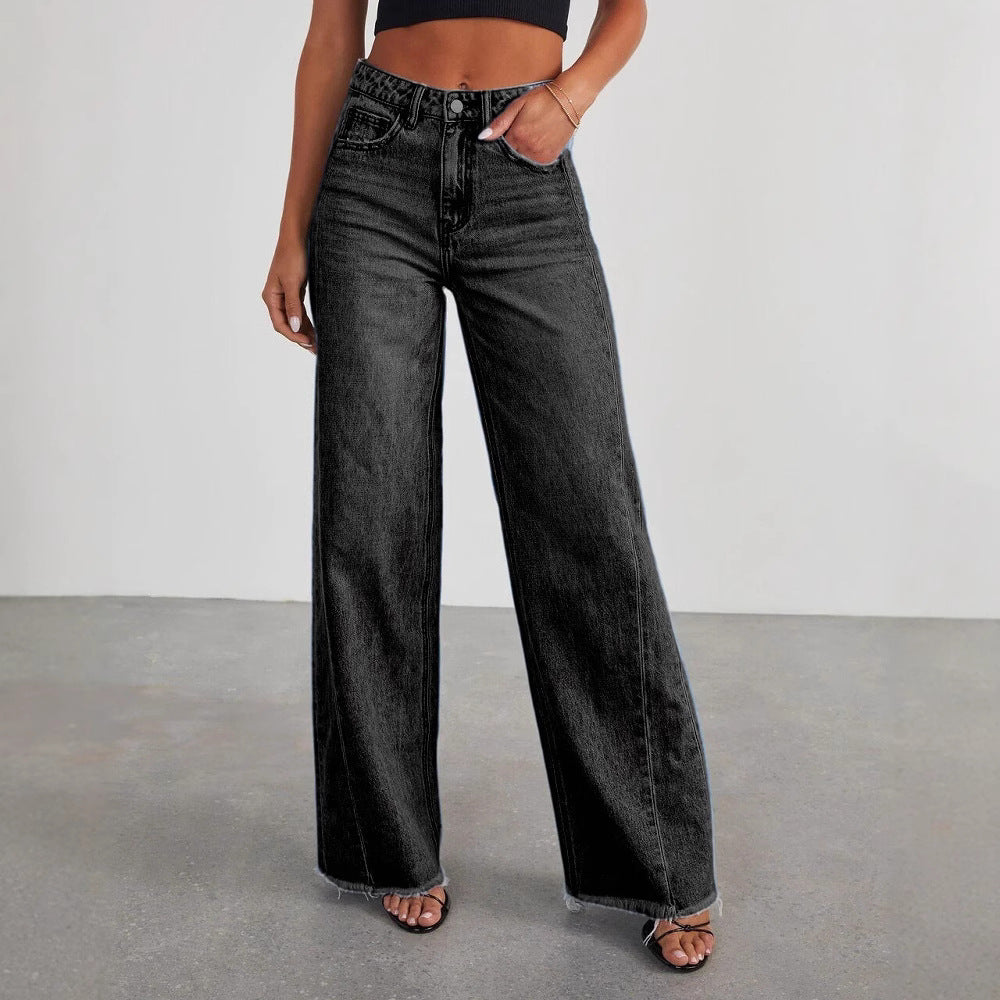 Women's Baggy Wide Leg Jeans Frayed Hem Mid-Rise