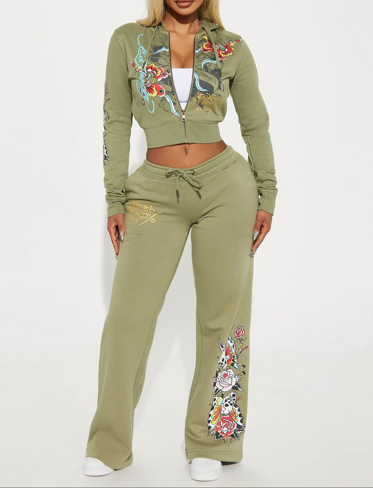 Olive Floral Hoodie Sweatpants 2PC Set