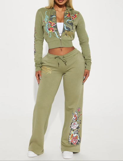 Olive Floral Hoodie Sweatpants 2PC Set