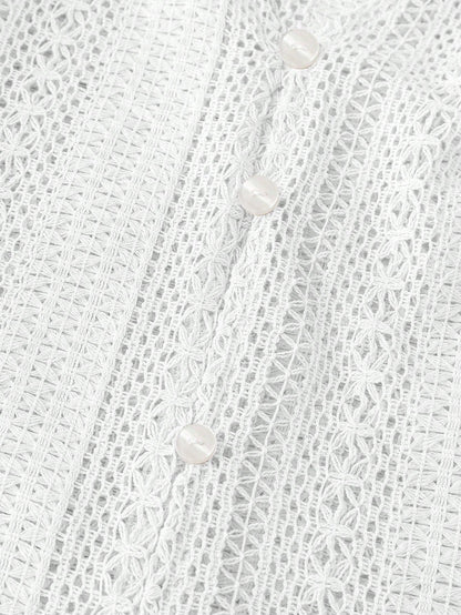 Hollow Knit V Neck Button Front Lace Blouse for Women