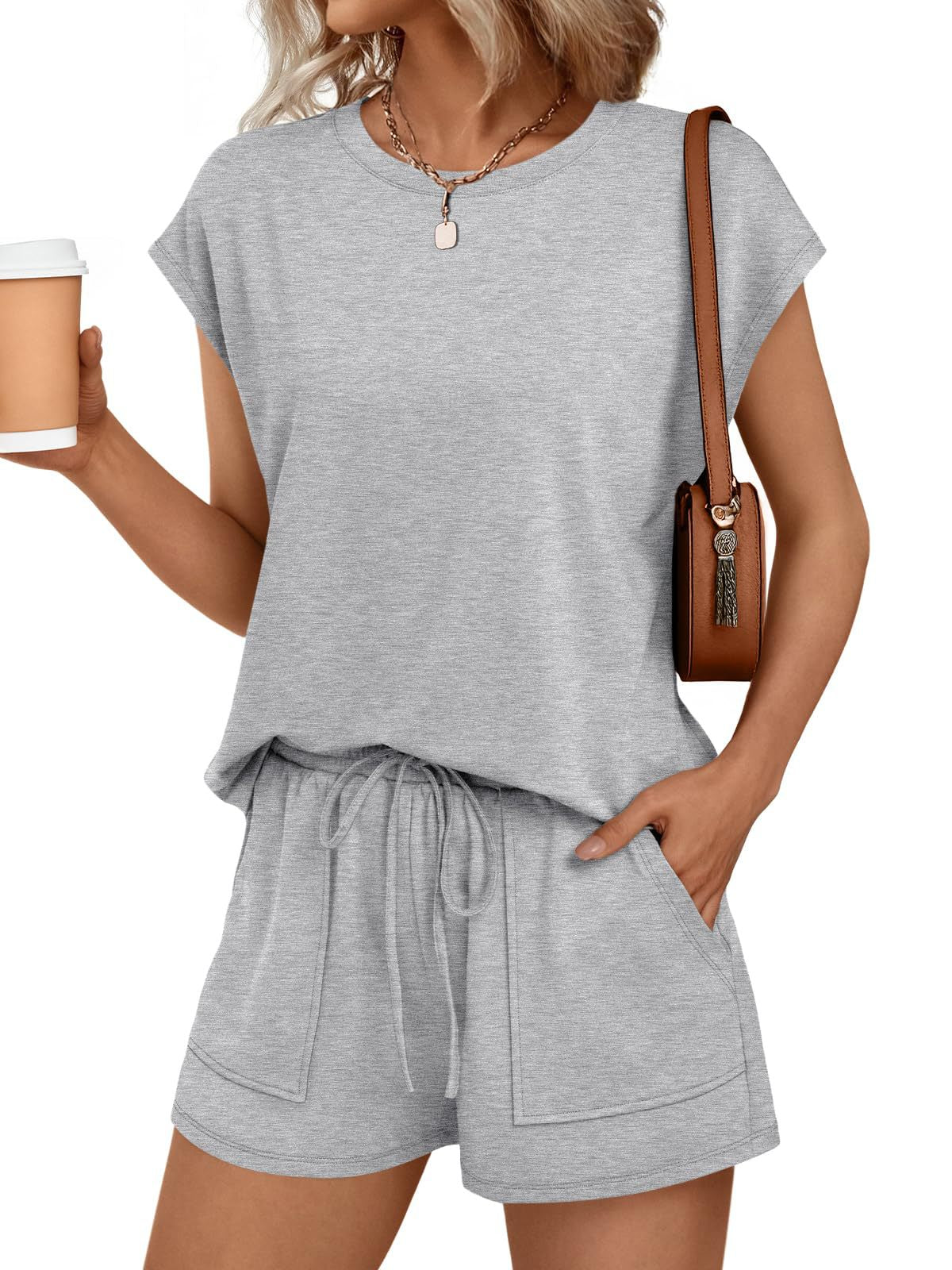 Womens Casual Lounge Set Cap Sleeve Top and Shorts