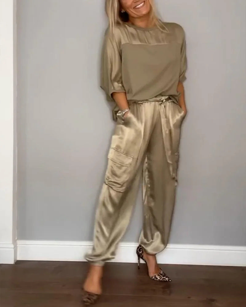 Women's Satin Two-Piece Jogger Set Short Sleeve Pockets