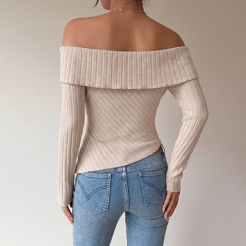 Off Shoulder Ribbed Asymmetrical Long Sleeve Top