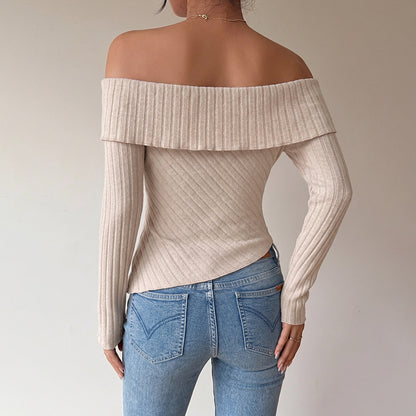 Off Shoulder Ribbed Asymmetrical Long Sleeve Top