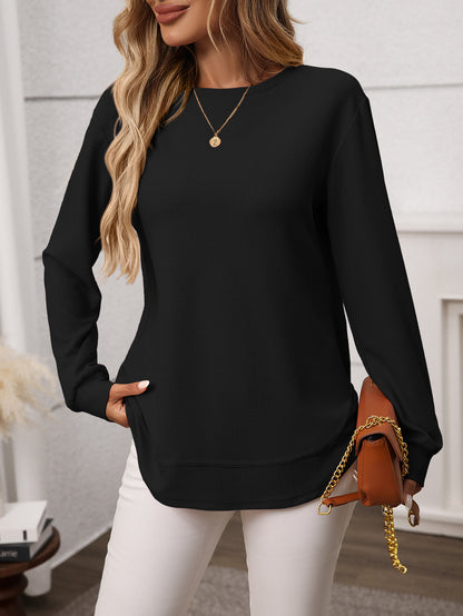 Solid waffle knit tunic top layered curved hem