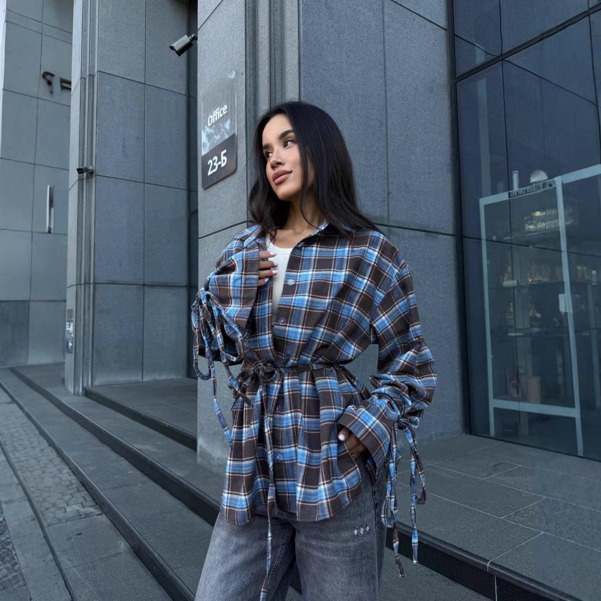 Oversized Plaid Tie Waist Long Sleeve Shirt Women