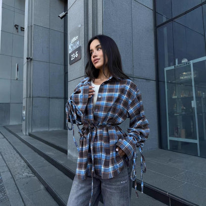 Oversized Plaid Tie Waist Long Sleeve Shirt Women