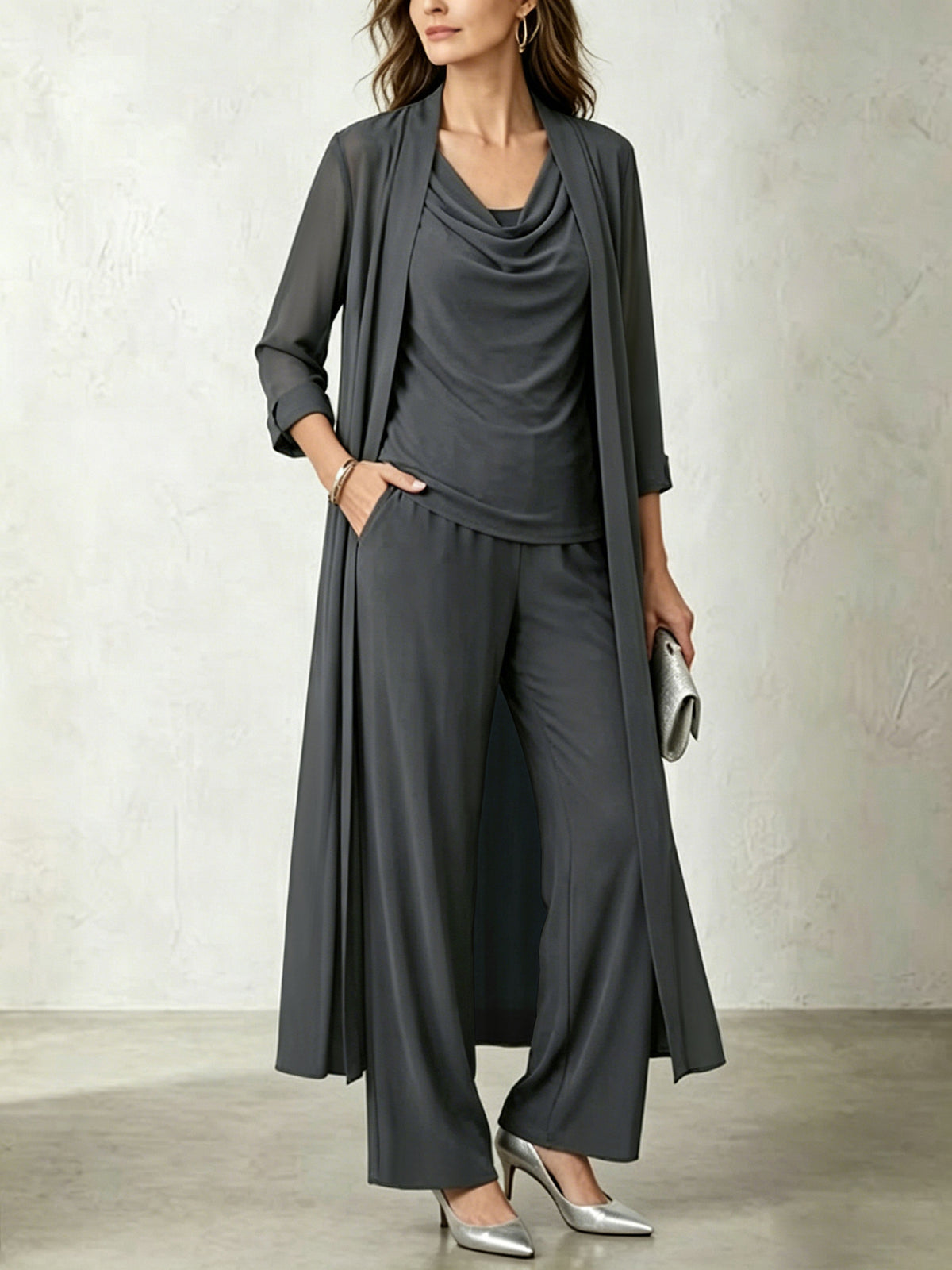 Women's 3 Piece Cowl Neck Long Cardigan Wide Leg Pants Set