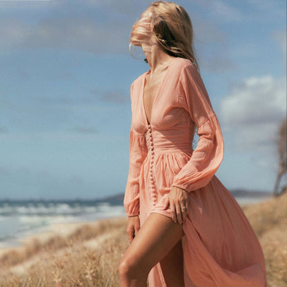 V-Neck Lantern Sleeve Maxi Dress Smocked Waist Slit