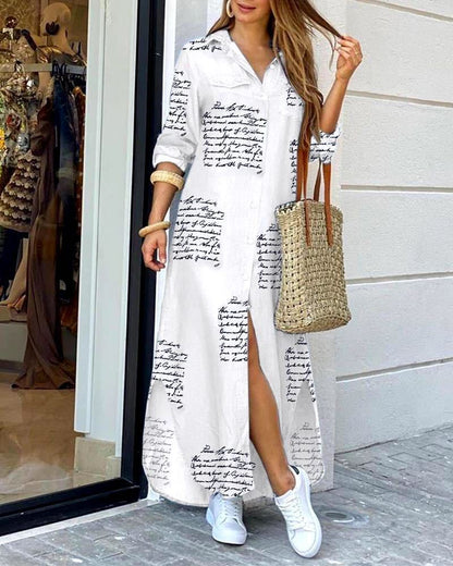 Women's Long Sleeve Button Down Printed Maxi Shirt Dress