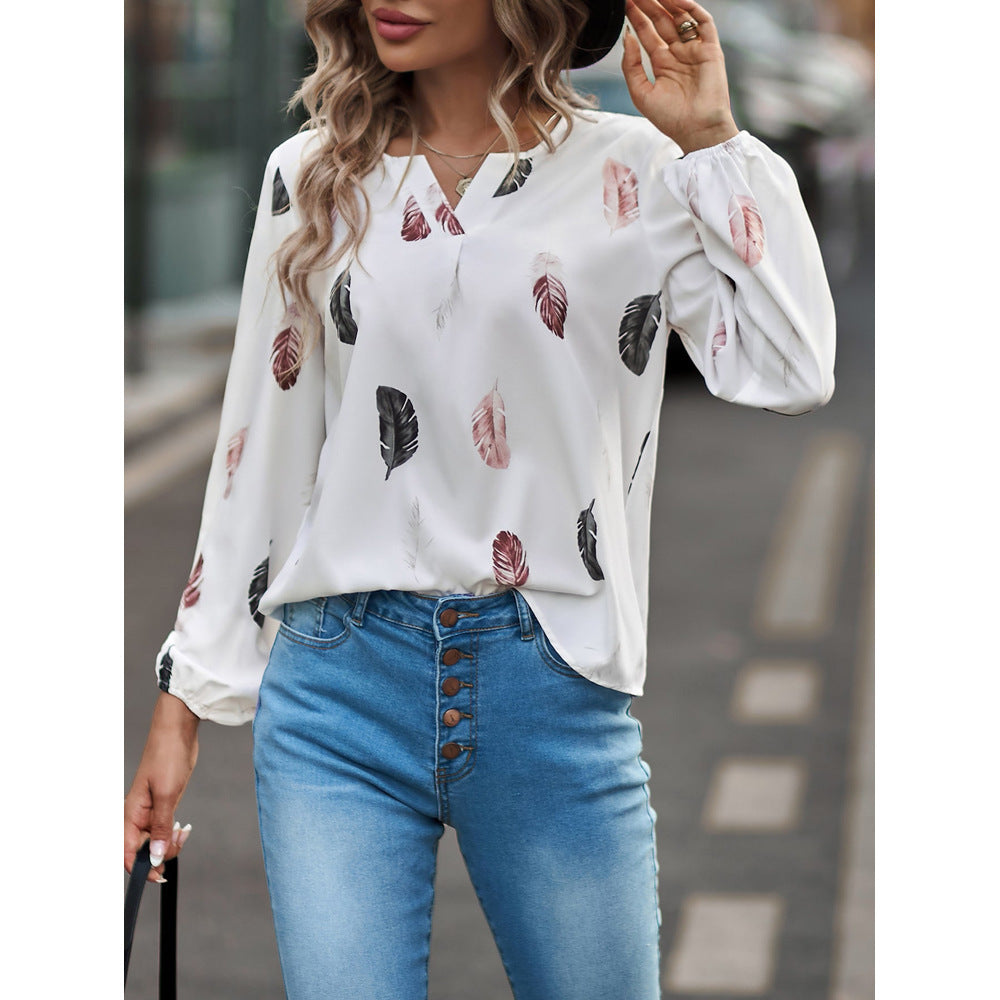 Feather Print V Neck Chiffon Blouse Long Sleeve Top