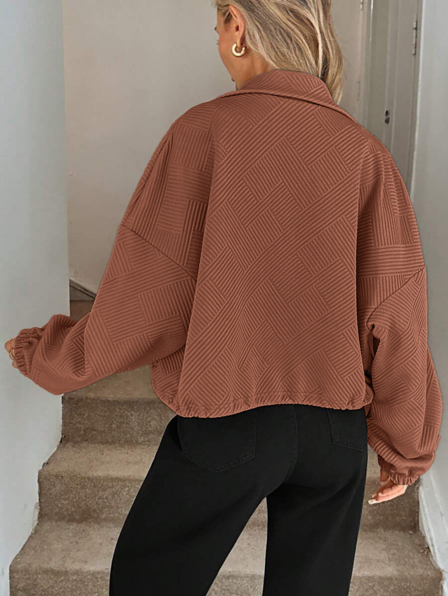 Textured Zip Up Bomber Jacket Drawstring Hem Casual Coat