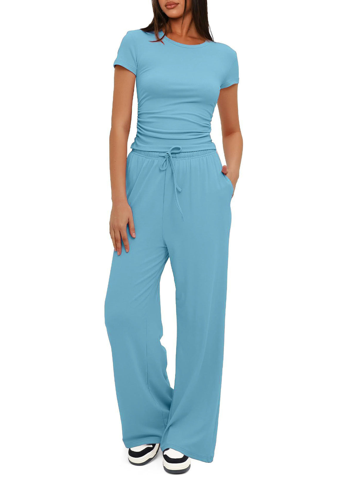 Women's Lounge Set Long Sleeve Ruched Top Wide Leg Pants