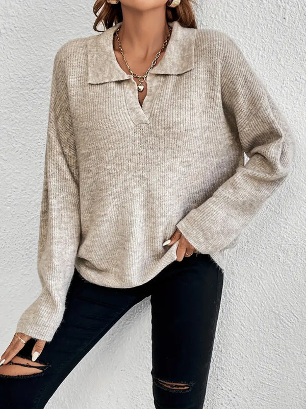 Women's Ribbed Polo Collar Sweater Long Sleeve Pullover