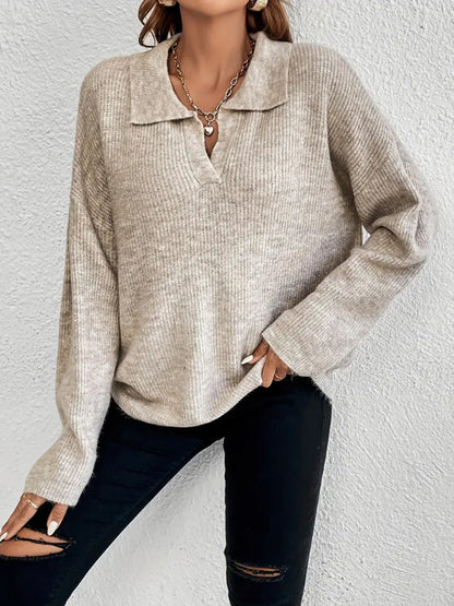 Women's Ribbed Polo Collar Sweater Long Sleeve Pullover