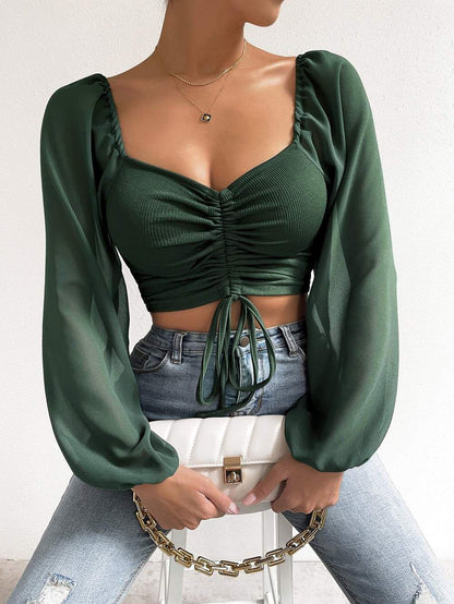 Sexy V Neck Ruched Sheer Balloon Sleeve Crop Top Blouse