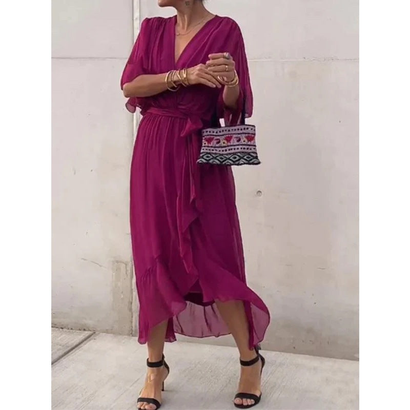 Women's V-Neck Batwing Chiffon Midi Dress Tie Waist Flowy