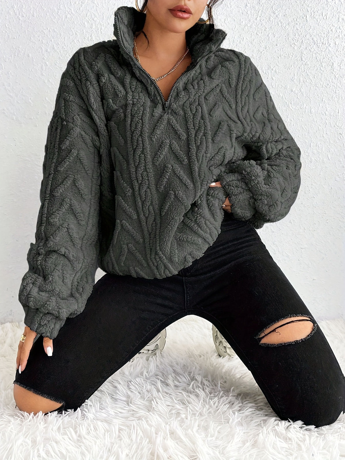Women's Sherpa Jacquard Quarter Zip Pullover Sweatshirt