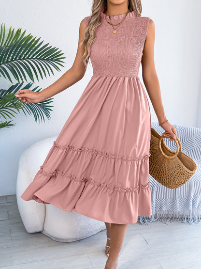 Smocked Sleeveless Midi Dress Tiered Ruffle Summer