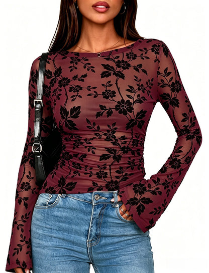 Flocked Floral Long Sleeve Slim Fit Crewneck Top for Women