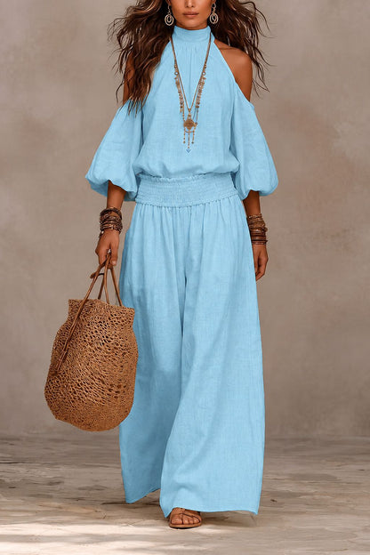 Women's Cold Shoulder Smocked Wide Leg Pants Two Piece Set
