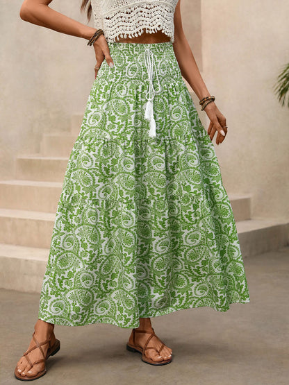 Boho Paisley Maxi Skirt Tassel Drawstring Elastic Waist Green
