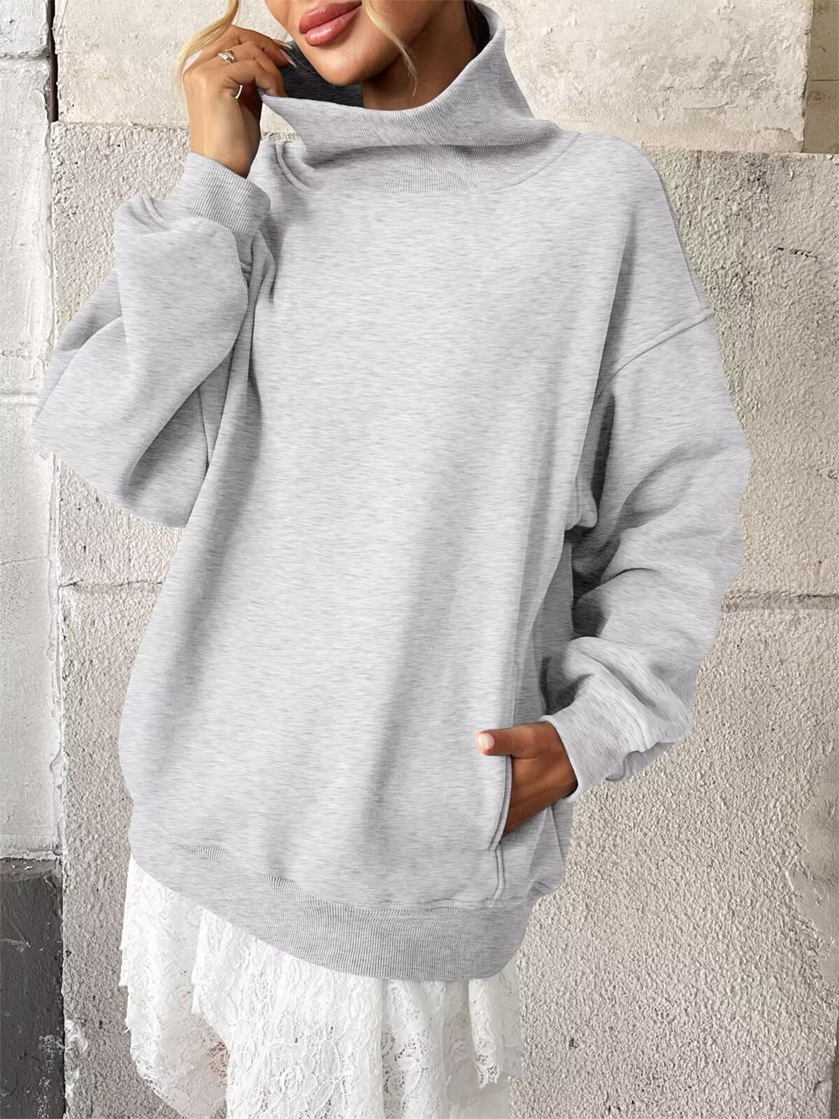 Fleece Mock Neck Oversized Sweatshirt Casual Pullover