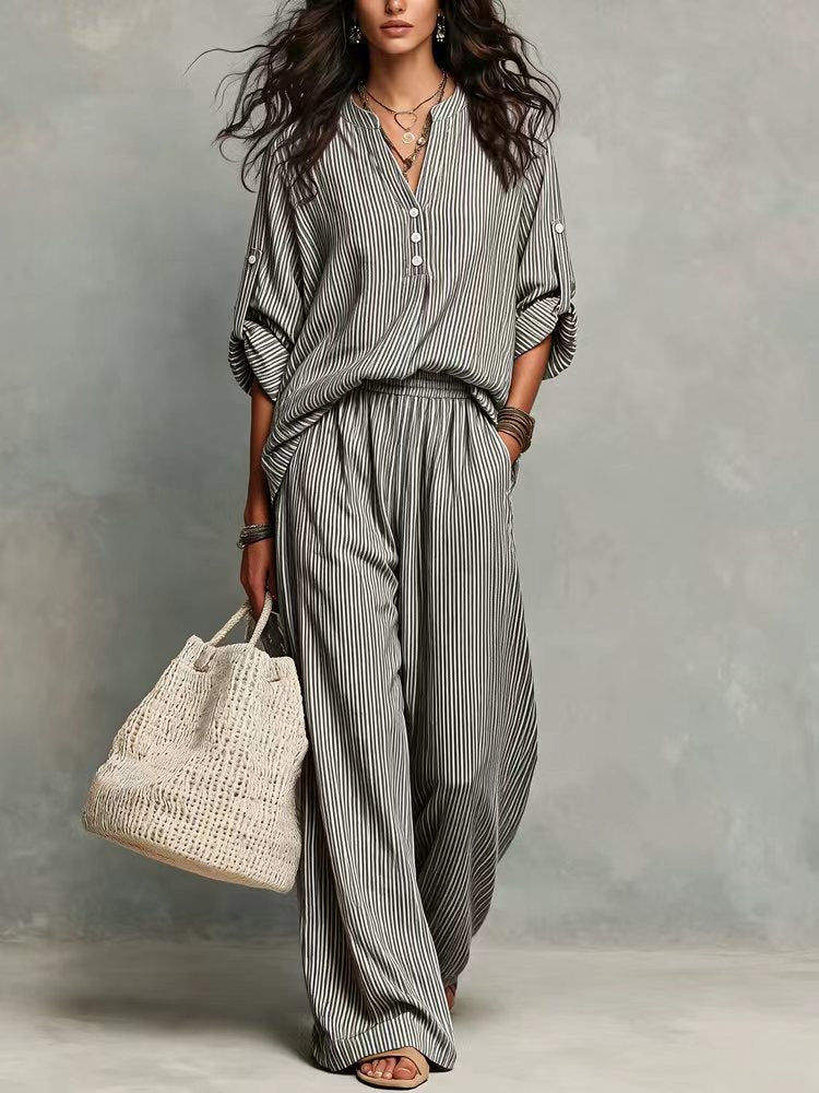 Women's Striped Cotton Lounge Set V-Neck Wide Leg Pants