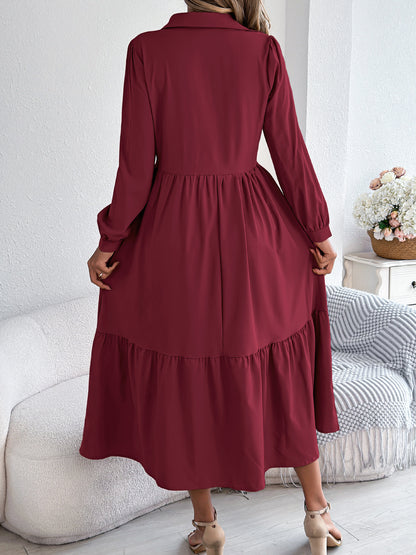 Collared Long Sleeve Tiered Shirt Dress
