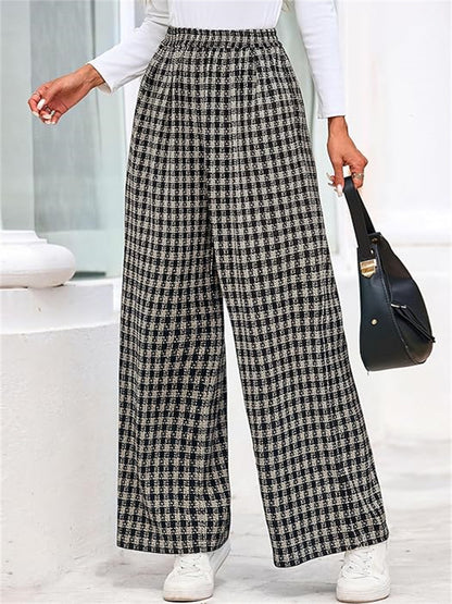 Women Plaid High Waist Wide Leg Pants Elastic Waist
