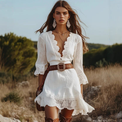 Women's Boho White Lace V-Neck Bell Sleeve Midi Dress
