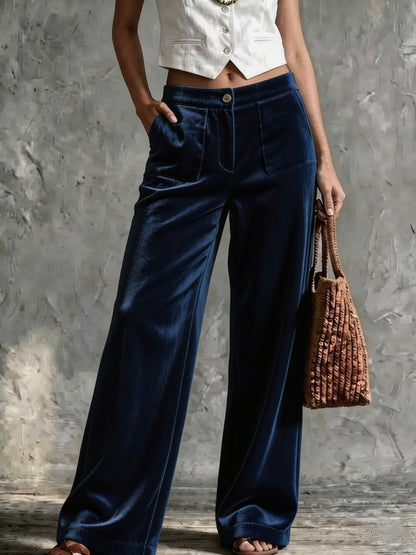 Women's Velvet High Waist Wide Leg Pants Pockets