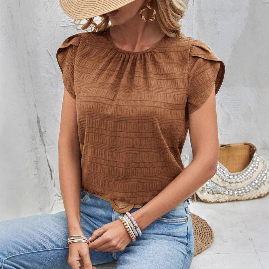 Summer Pleated Puff Sleeve Blouse with Round Neck