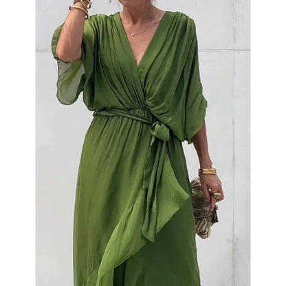 Women's V-Neck Batwing Chiffon Midi Dress Tie Waist Flowy